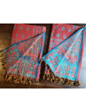 Châle (ou plaid) pourpre avec motifs bleutés, made in Tibet (réfugiés) 100% laine de Yak