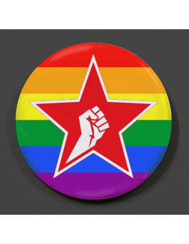 Badge étoile rouge poing levé LGBT de la gauche révolutionnaire