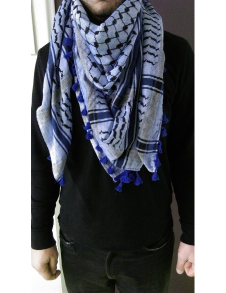 Keffieh palestinien bleu clair avec bandes grises claires et liséré noir