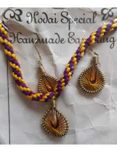 Bracelet et boucles d'oreilles tressés, artisanat tibétain, jaune et violet