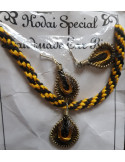Bracelet et boucles d'oreilles tressés, artisanat tibétain, jaune et noire