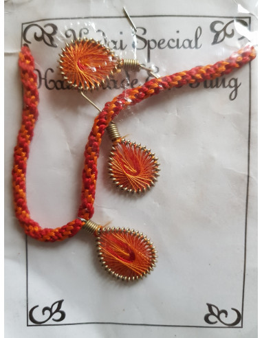 Bracelet et boucles d'oreilles tressés, artisanat tibétain, rouge et orange
