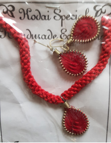 Bracelet et boucles d'oreilles tressés, artisanat tibétain, dégradés de rouge