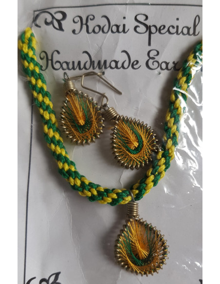 Bracelet et boucles d'oreilles tressés du Tibet, jaune et vert